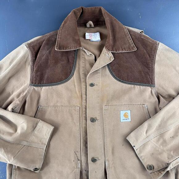 VTG Carhartt Hunting Jacket Men XL Tan Canvas Bird Corduroy Yoked Union Made USA - Picture 2 of 12